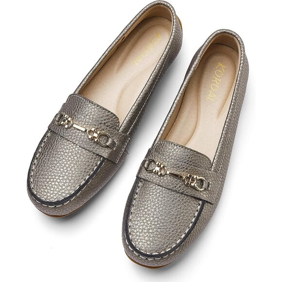 Kordal Women's MetallicLeather Gold Accent Buckle Slip-Ons Walking Flats Loafers - Picture 9 of 9